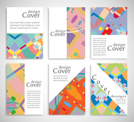 Fototapeta premium Set of A4 cover, abstract composition. Colorful header design for flyer, book, info banner frame, title sheet. Colored geometric shapes. Modern design. Brochure template layout. Vector illustration