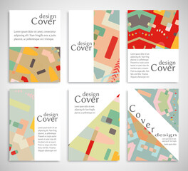 Set of A4 cover, abstract composition. Colorful header design for flyer, book, info banner frame, title sheet. Colored geometric shapes. Modern design. Brochure template layout. Vector illustration