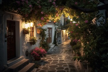 A Look into the Evening of a Greek Village: Painting of a Beautiful Street with Rustic Old-Fashioned Houses, Summer Flowers, and Glowing Lamps: Generative AI