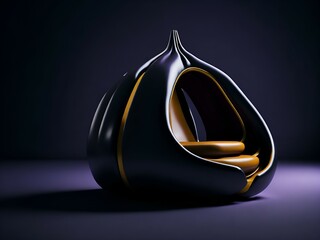 3d seat, chair in the shape of an eggplant on a flat dark floor, created with Generative AI technology