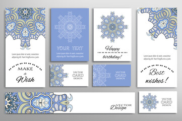 Big set of greeting Cards or wedding Invitations. Postcards template with inscription Make a Wish, Best Wishes, Happy Birthday. Banner, business cards with mandala ornament. Isolated design elements