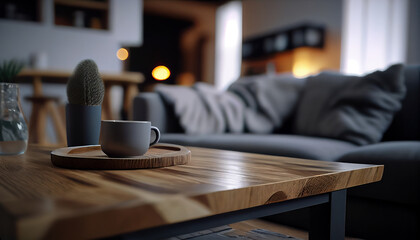 Fototapeta na wymiar Wood tabletop blurred modern coxy living room. Al generated