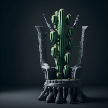 3d throne made out of cactus on a flat dark floor, created with Generative AI technology