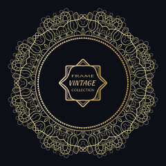 Golden frame template with label and Vintage sign. Decorative line art border, geometric round ornament, linear circular motif. Isolated design element, gold on black background. Elegant fashion lace