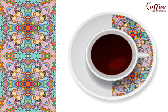Cup of coffee with colorful ornament on a saucer and vertical seamless floral geometric pattern. Business coffee break concept, interior design background. Isolated coffee cup and plate decor element