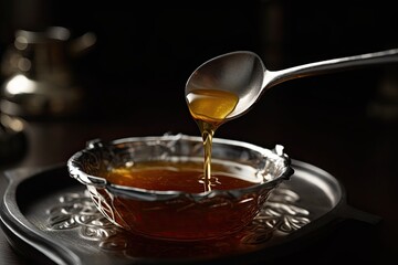 Alternative to Sugar: Raw Honey Being Poured Into a Silver Spoon - A Natural Sweetener with Medicinal Properties. 
