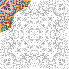 Decorative doodle pattern for coloring book. Hand drawn fantasy line art, floral geometric ornament for painting, coloring page. Tribal ethnic decoration. Black and white with sample of colors