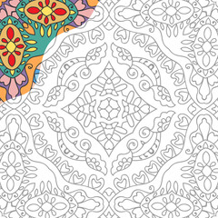 Decorative doodle pattern for coloring book. Hand drawn fantasy line art, floral geometric ornament for painting, coloring page. Tribal ethnic decoration. Black and white with sample of colors