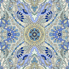 Hand drawn seamless graphic pattern, colorful artistic background with floral and geometric elements. Doodle ethnic mandala ornament for textile fabric, paper print. Surface texture 