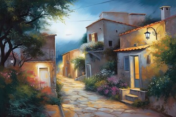 An Inviting Painting of a Rustic Village in White Greece at Twilight with Old-Fashioned Houses and Summer Flowers, Generative AI