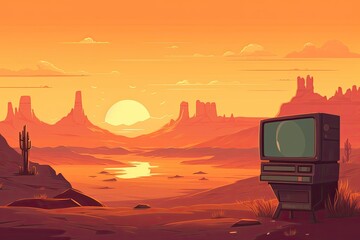 An Old School 80s Vibe - Dreamy Picturesque Sunset over a Desert, Warm and Cozy in Orange Hues. Generative AI