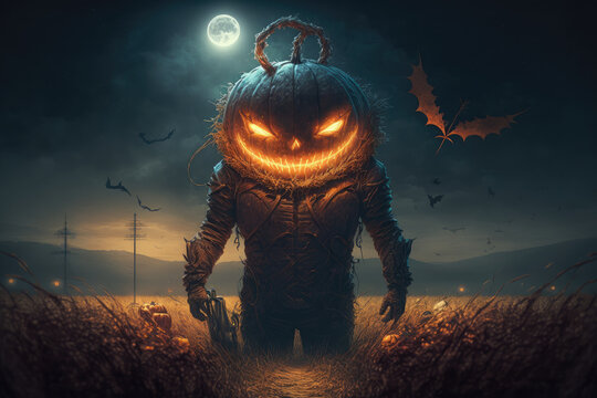 Scary scarecrow in the field. Halloween concept. Generative ai