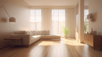 Fototapeta premium Blank Living Room Reborn with Comfy Furniture and Bright Natural Lighting. Generative AI
