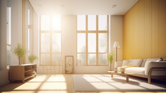 Bright and Airy Modern Home Interior with Furniture and Wood Floor Covering, Generative AI