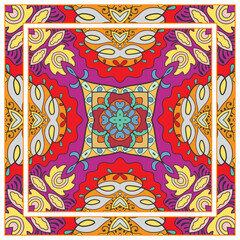  Hand drawn artistic background. Seamless pattern with ornate frame border, doodle floral ornament. Bandana shawl, tablecloth fabric print, silk neck scarf, kerchief design. Vector illustration