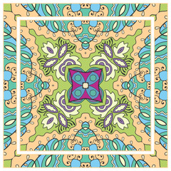  Hand drawn artistic background. Seamless pattern with ornate frame border, doodle floral ornament. Bandana shawl, tablecloth fabric print, silk neck scarf, kerchief design. Vector illustration