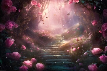 Fairy Tale Blooms: Paradise Awaits down the Enchanted Road of Dreamy Pink Roses and Fabulous Glowing Flowers. 