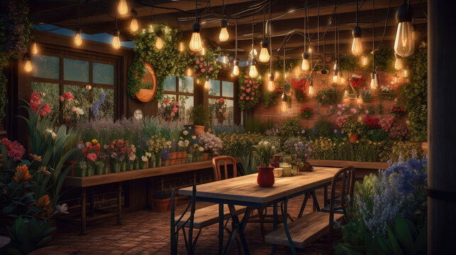 Interior of garden outdoor cafe. Generative ai