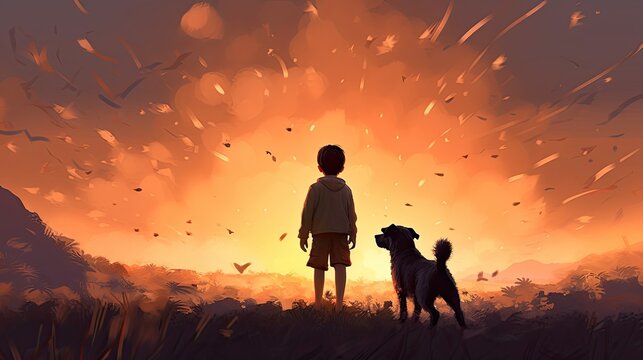 Friends Forever: A Heartwarming Portrait of a Young Boy and His Puppy Admiring a Spectacular Sunset. 