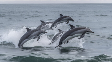 Dolphins jumping out of the ocean and making huge splash of water in the sun - Generative AI