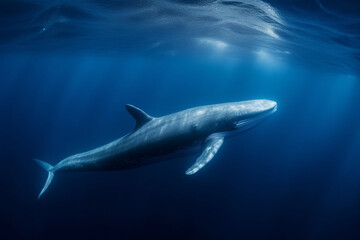 Obraz premium Majestic blue whale swimming and diving in blue crystal clear water of ocean - Generative AI 