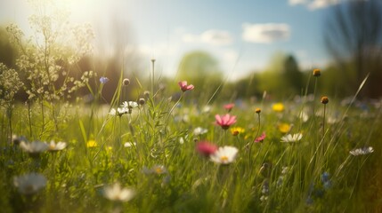 Eine wunderschöne Blumenwiese an einen warmen Sommertag, genrative AI