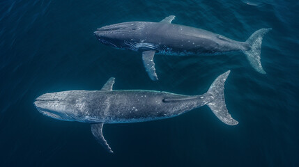 Obraz premium Drone view of blue whales swimming on surface of deep blue ocean - Generative AI