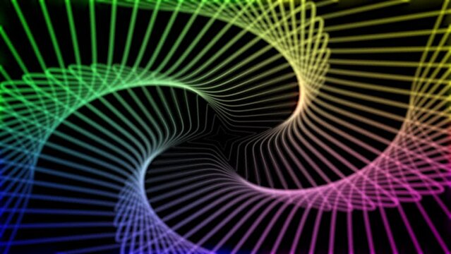 neon triangular tunnel moving into the distance, neon geometric background, abstract 3D background with spectral metal glow, long tunnel