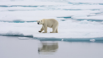 Lonely polar bear standing on singular ice shell in arctic ocean, climate change - Generative AI
