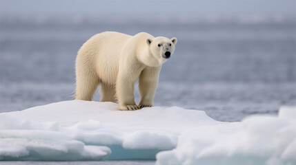 Obraz na płótnie Canvas Lonely polar bear standing on singular ice shell in arctic ocean, climate change - Generative AI