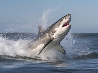 Fototapeta premium Great white shark jumping out of deep blue ocean water - Generative AI