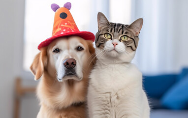 Pet cat and dog in a birthday cap wearing a hat in a home interior. Generative AI