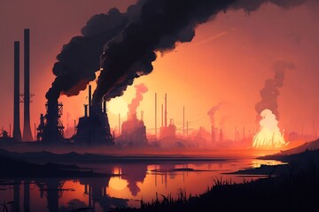 Steel plant industry at dawn, deterioration of ecology due to emissions from heavy industry