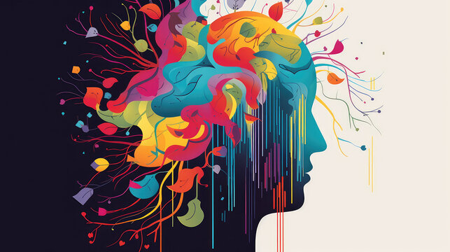 Abstrakte illustrative Darstellung einer Kopfform im Sinne psychischer Gesundheit, in der Seitenansicht (Generative AI)