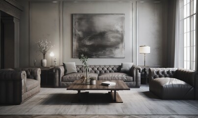  a living room filled with furniture and a large painting on the wall above the couch and coffee table in front of a large painting on the wall.  generative ai