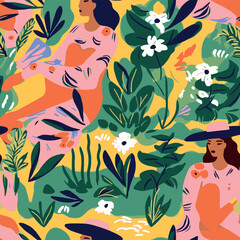 Madagascar vanilla black woman seamless pattern with flowers 