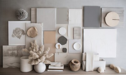 a table topped with lots of different types of art pieces and vases on top of a wooden table next to a wall covered in paper.  generative ai