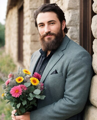 Portrait of a man with flowers in the garden. Generative AI.