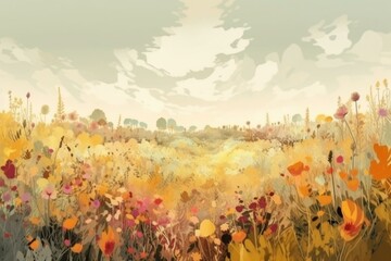 Obraz na płótnie Canvas Field of flowers as wallpaper panorama background. Generative AI