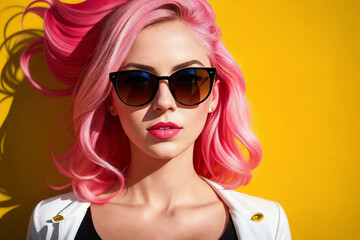 Fototapeta premium Portrait of a fashionable woman with pink hair and sunglasses on yellow background. Generative AI.