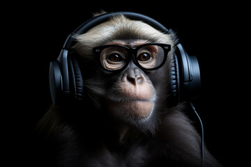 macaco com fones de ouvido - obrazy, fototapety, plakaty