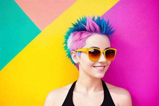 Portrait of a woman with mohawk hair and sunglasses on a abstract colorful painted wall background, summer vibrancy. Generative AI.