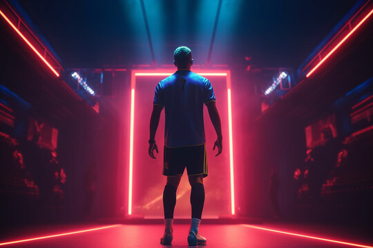 jogador de futebol para tr&aacute;s entrando no est&aacute;dio, luzes de n&eacute;on futuristas