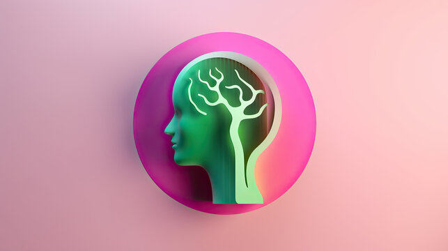 Abstrakte 3D-Kopfform in der Seitenansicht, mit dem Stamm eines Baumes und den &Auml;sten als Gehirnwindungen. Illustrative Darstellung psychischer Gesundheit (Generative AI)