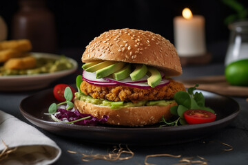 Um delicioso hambúrguer vegano no prato sobre a mesa, comida vegana saudável