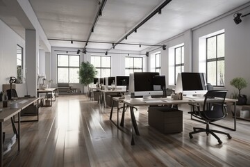 Fototapeta na wymiar 3d render of open office, large working space. Generative AI