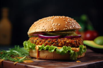 Um delicioso hambúrguer vegano no prato sobre a mesa, comida vegana saudável