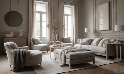  a living room filled with furniture and a large window covered in sunlight shining through the windows on the far side of the room is a white couch and chair and ottoman.  generative ai