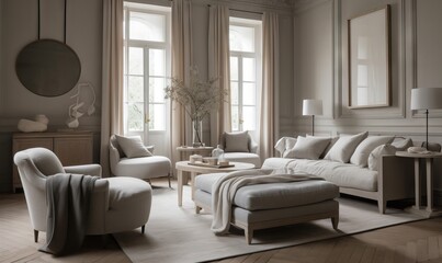 Obraz premium a living room filled with furniture and a large window covered in sunlight shining through the windows on the far side of the room is a white couch and chair and ottoman. generative ai