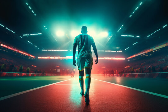 jogador de futebol para tr&aacute;s entrando no est&aacute;dio, luzes de n&eacute;on futuristas